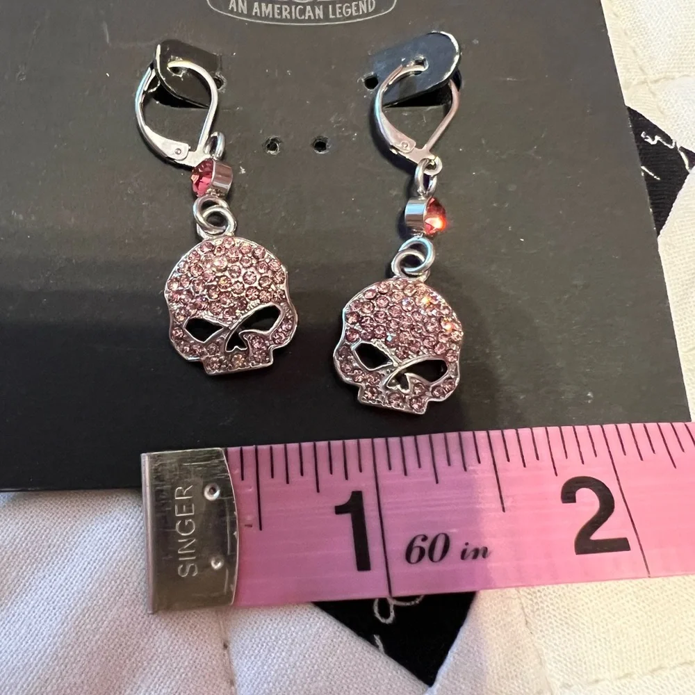 Harley-Davidson® Women's Earrings, PINK Bling Willie G Skull Dangles 💕 - Picture 6 of 7